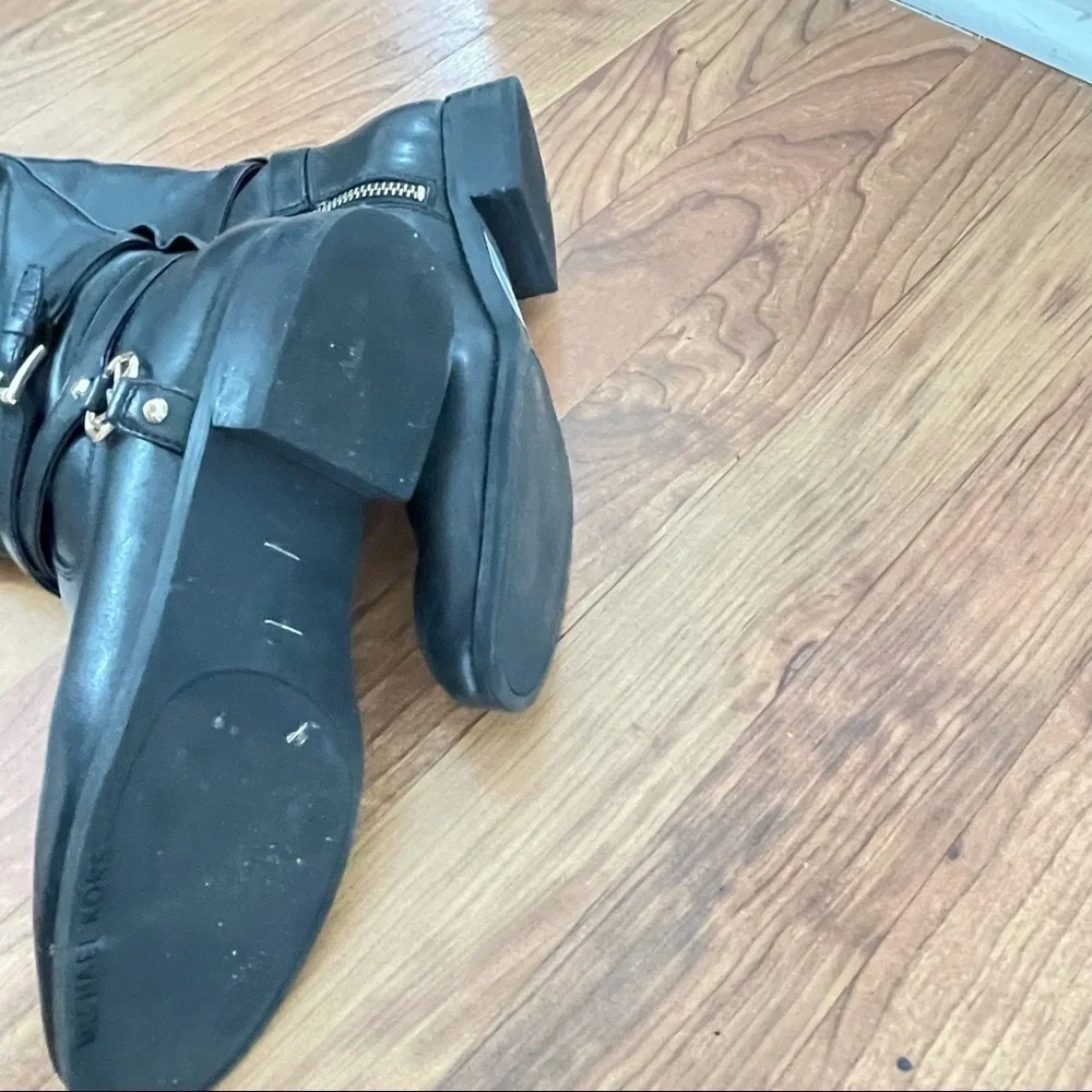 Michael Kors Riding Boots Black Brown Leather Logo Buckle Tall Boots 6 - Picture 6 of 6